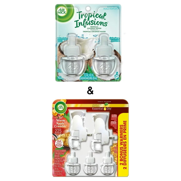 Plug-in Air Freshener Kit, Warm Apple Crumble, 2 Plug-in & 5 Refills by Air Wick & Plug-in Air Freshener, Tropical Coconut Water, 2 Refills by Air Wick