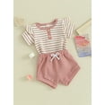 thumbnail image 3 of Suealasg 2Pcs Baby Girls Summer Clothes 3M 6M 12M 18M Toddler Girls Casual Beach Outfits Short Sleeve Striped Print Romper Tops Shorts Sets, 3 of 9