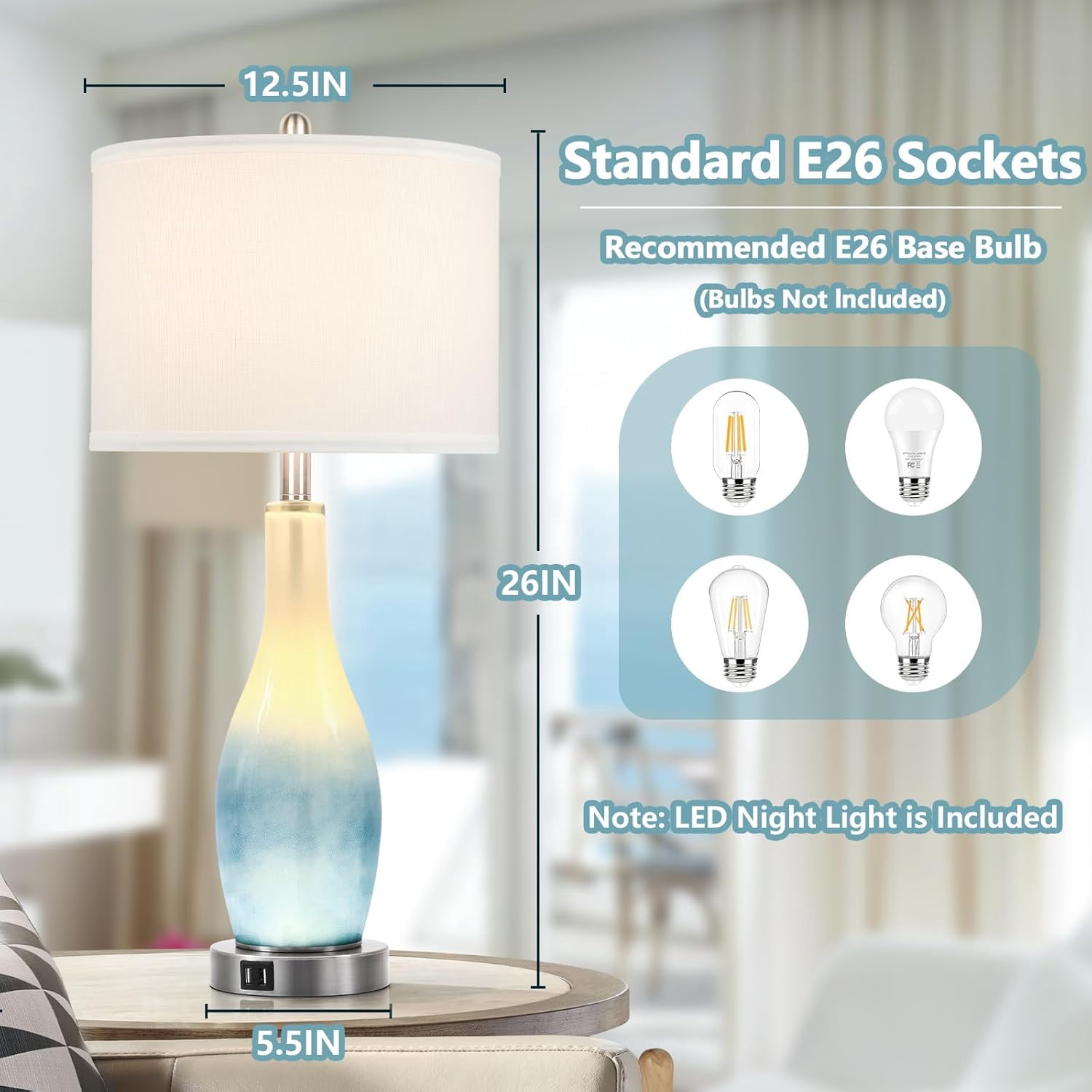 Nordic Hygge 26in Tall Glass Table Lamps Set of 2 with 2 USB Charging Ports & LED Nightlight