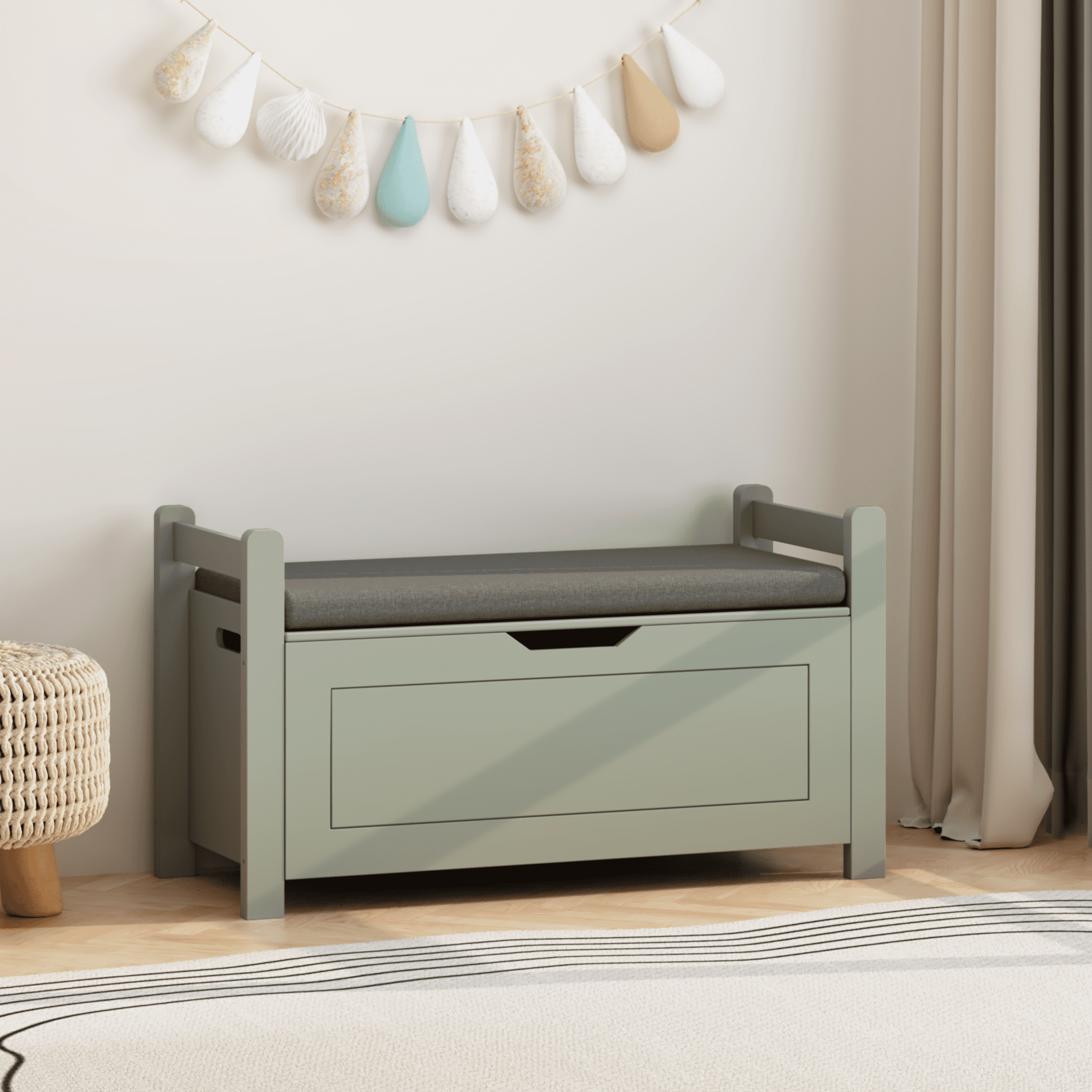 MDF Toy Box with Cushion Seat Flip-Top Safety Hinge 35 Inch Kids Storage Organizer