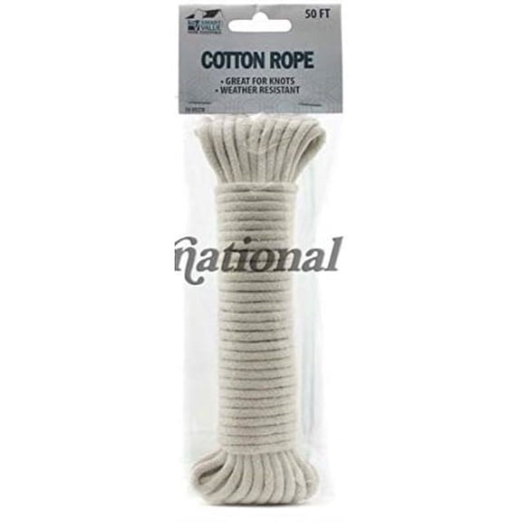 cotton rope, clothes line, 50-ft x 7/32-in, natural white, braided, by smart value
