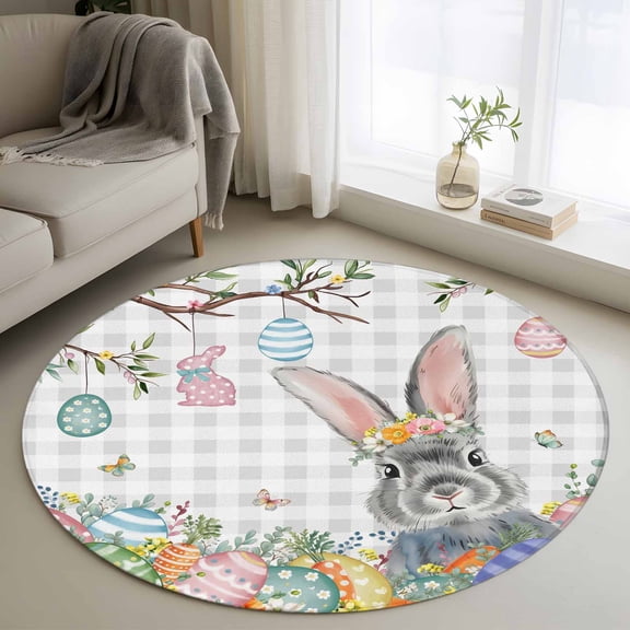 Round Rugs 3Ft, Easter Round Area Rug Washable Indoor Throw Carpet, Spring Grey Bunny Botanical Eggs Leaves Lattice Small Non Slip Circle Rug for Bedroom Living Room Home Decor Aesthetic