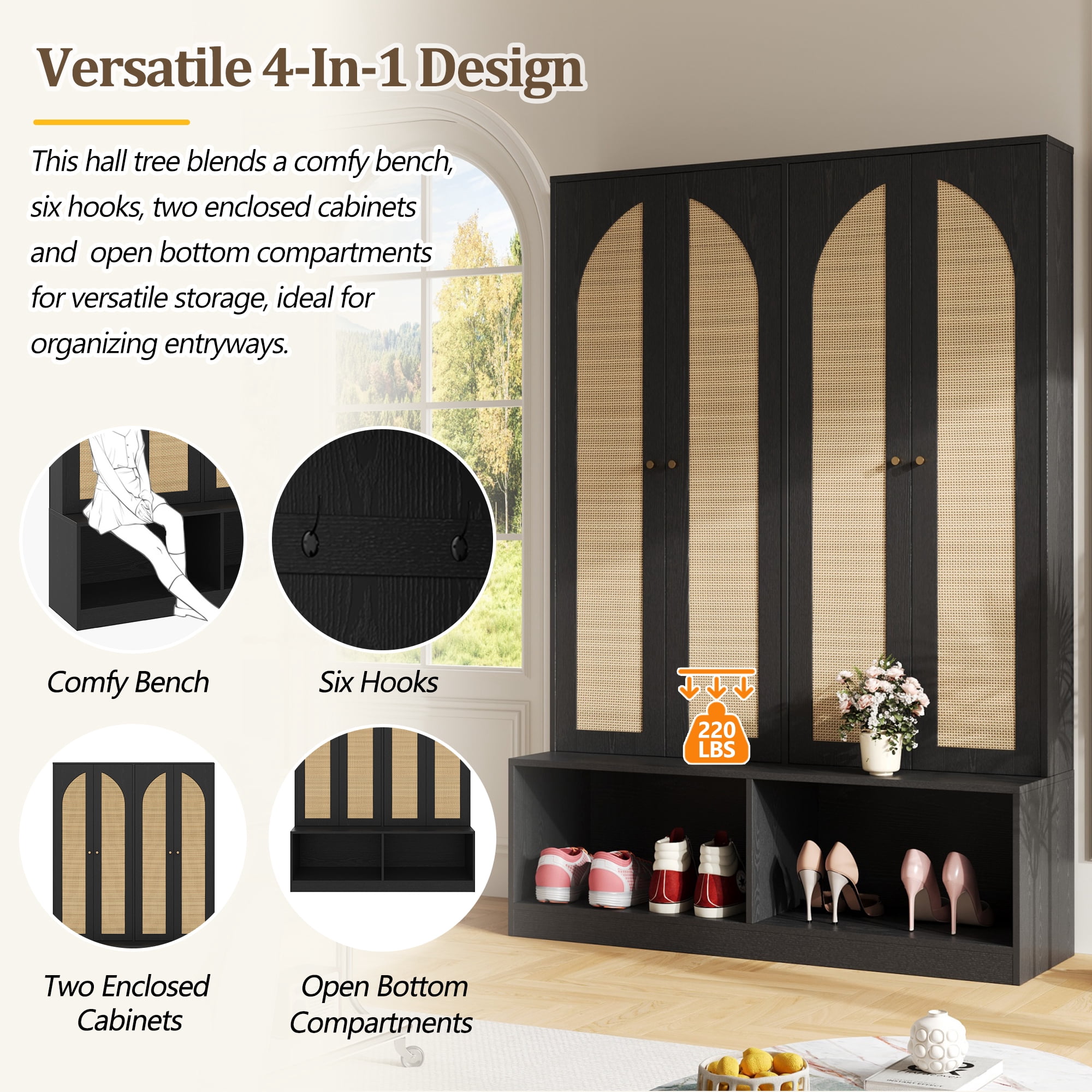 Euroco Farmhouse Entryway Hall Tree with Rattan Doors, Bench, Hooks & Adjustable Storage Shelves, 4-in-1 Mudroom Organizer with Shoe Cabinet