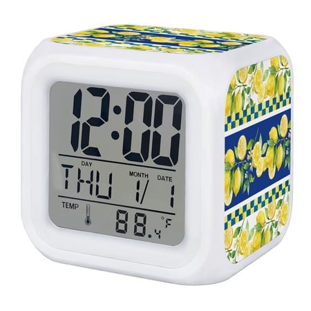 Alarm Clocks Summer Lemon Digital Clock 7 Color LED Night Light Silent Non-Ticking Battery Operated Fruit Yellow Blue Plaid Cube Clocks Decorative for Bedroom Bedside Living Room Office School Decor