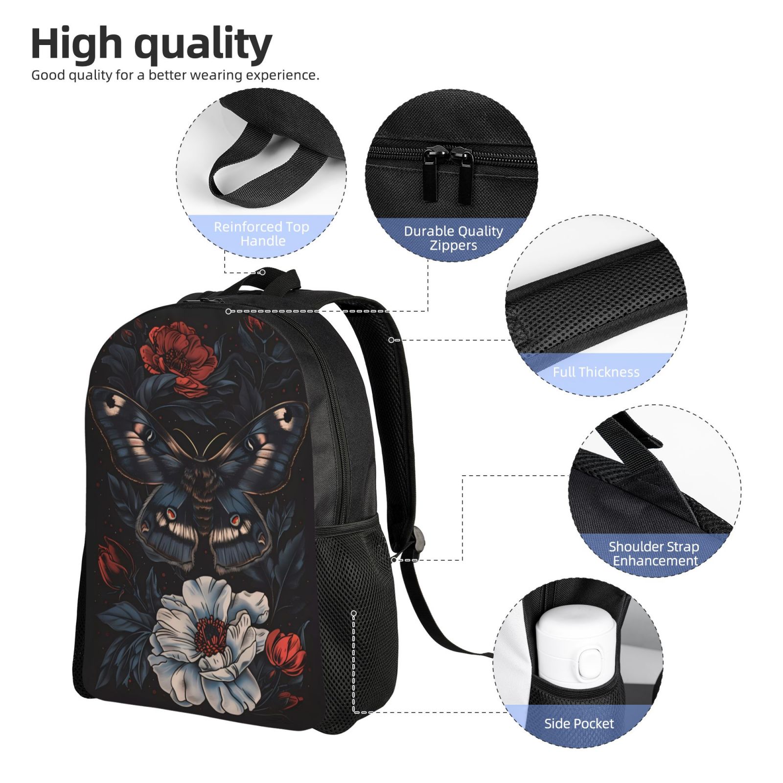 Xecao Midnight Butterfly Floral Dream Print School Backpack with Laptop Compartment Small Travel Laptop Backpack for Women Men Waterproof College Backpack Simple School Bag