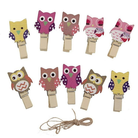 HOMEMAXS Cute Owl Shape Wood Clips with Burlap Rope for Decoration Craft and Clothespin Use Assorted Color