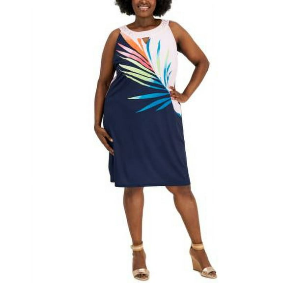 MSRP $70 Jm Collection Women Plus Size Palm-Print Beaded Dress Pink Size 0X