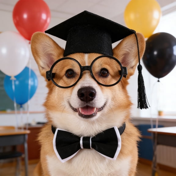 Pet Graduation Cap and Bow Tie Set for Dogs and Cats with Adjustable Glasses Academic Costume for Ceremony or Photo Props, Lightweight Polyester Apparel for Memorable Graduation or Back to School
