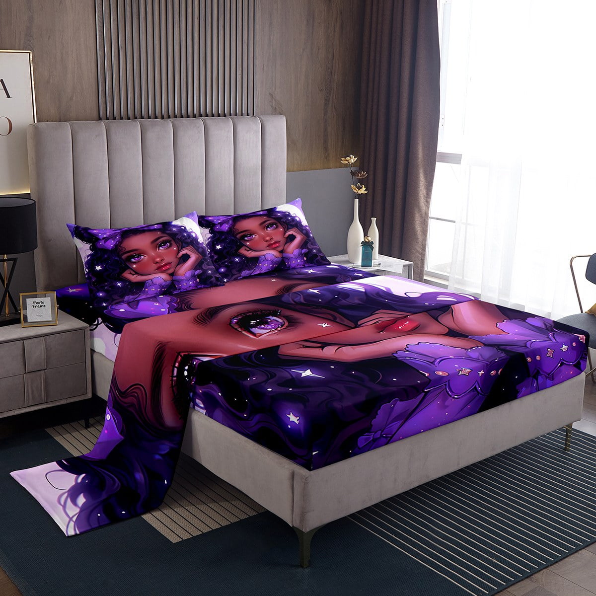 Black Girls Bed Sheets Set Afro Girl Queen Sheet Set for Girls Purple Bow American African Princess Magical Sheets for Toddler Kids Teenager Kawaii Room Decor Walmart