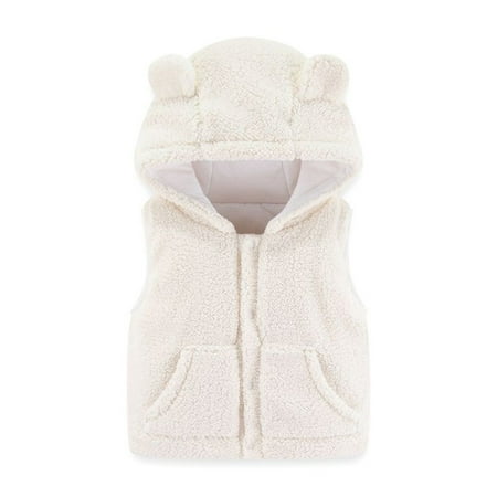 

EHTMSAK Toddler Baby Kids Boy Girl s Pockets Sleeveless Jackets Newborn Infant Button Up Fleece Vest Fall Winter Hooded Outerwear White 0-4Y 80