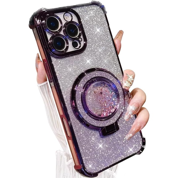 for iPhone 16 Pro Max Bling Kickstand Case, Girly Woman Glitter Floating Liquid Ring Holder with Camera Lens Protector Soft Cute Stand Shockproof Phone Cover for iPhone 16 Pro Max (Purple)