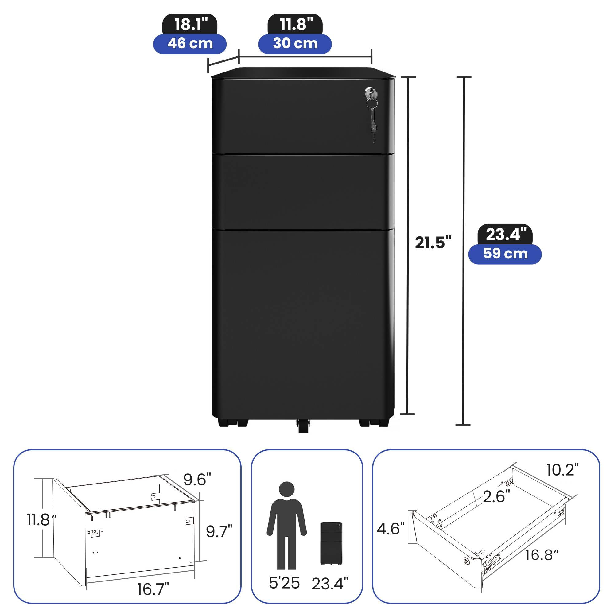 Wooflex Slim 3-Drawer Lockable File Cabinet for Home and Office – Mobile Steel Storage with Anti-Tipping Design, Caster Wheels, Durable Black Finish, Compact Document Organizer