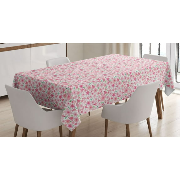 Cherry Blossom Tablecloth, Mingled Cartoon Style Design of Bloomed Sakura Flowers and Buds, Rectangle Satin Table Cover Accent for Dining Room and Kitchen, 60" X 90", Pink Rose and Green, by Ambesonne
