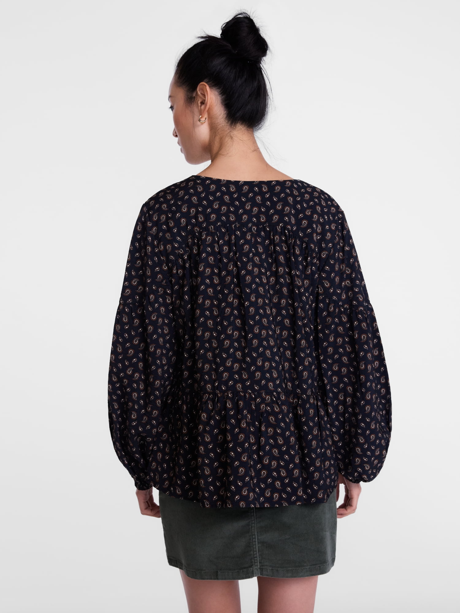 Scenario Women's and Women's Plus Gathered Yoke Blouse with Long Sleeves, Sizes XS-4X