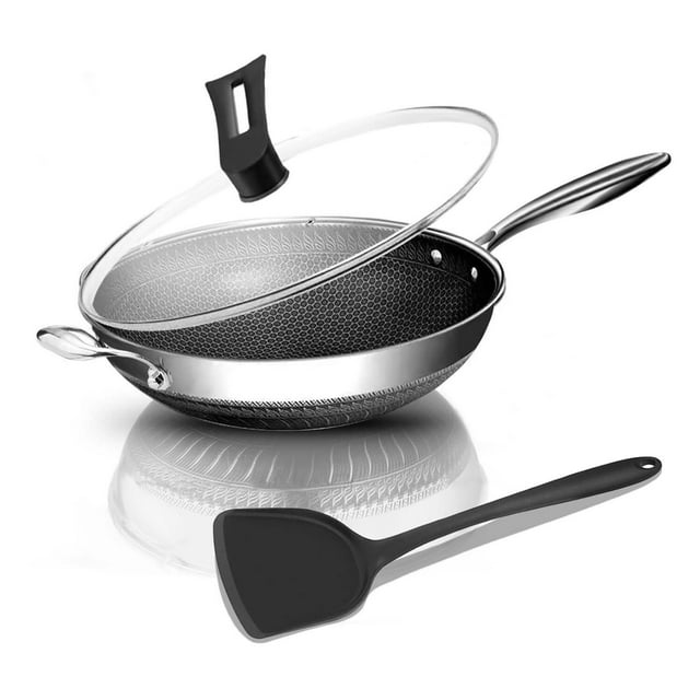 Sartén con tapa, híbrido de acero inoxidable de 12.5 pulgadas, con asa, woks y sartenes antiadherentes, sin PFOA, apto para cocinas de inducción, cerámica, eléctricas y de gas