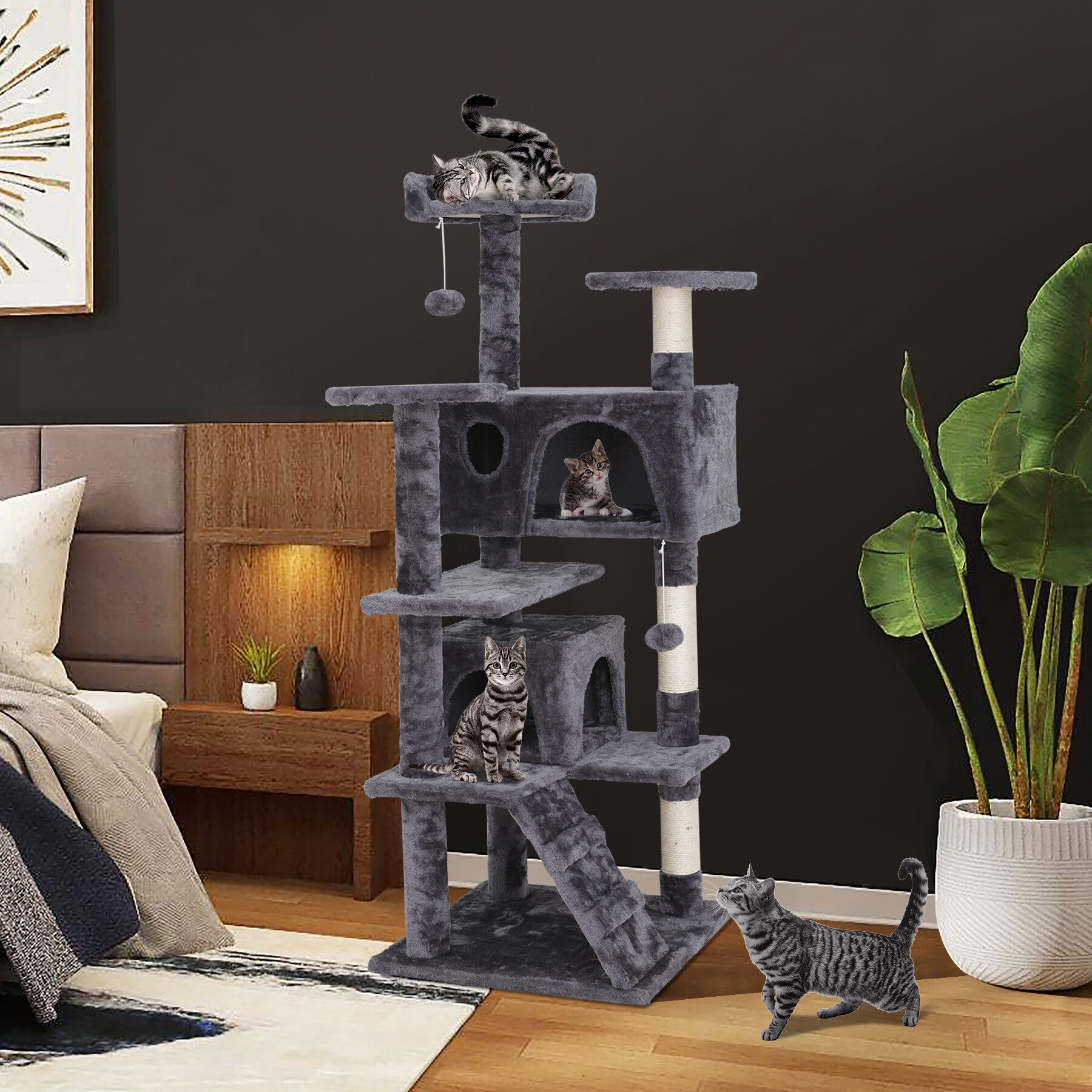 Zenstyle 53-in Cat Tree & Condo Scratching Post Tower, Dark Gray - image 7 of 14