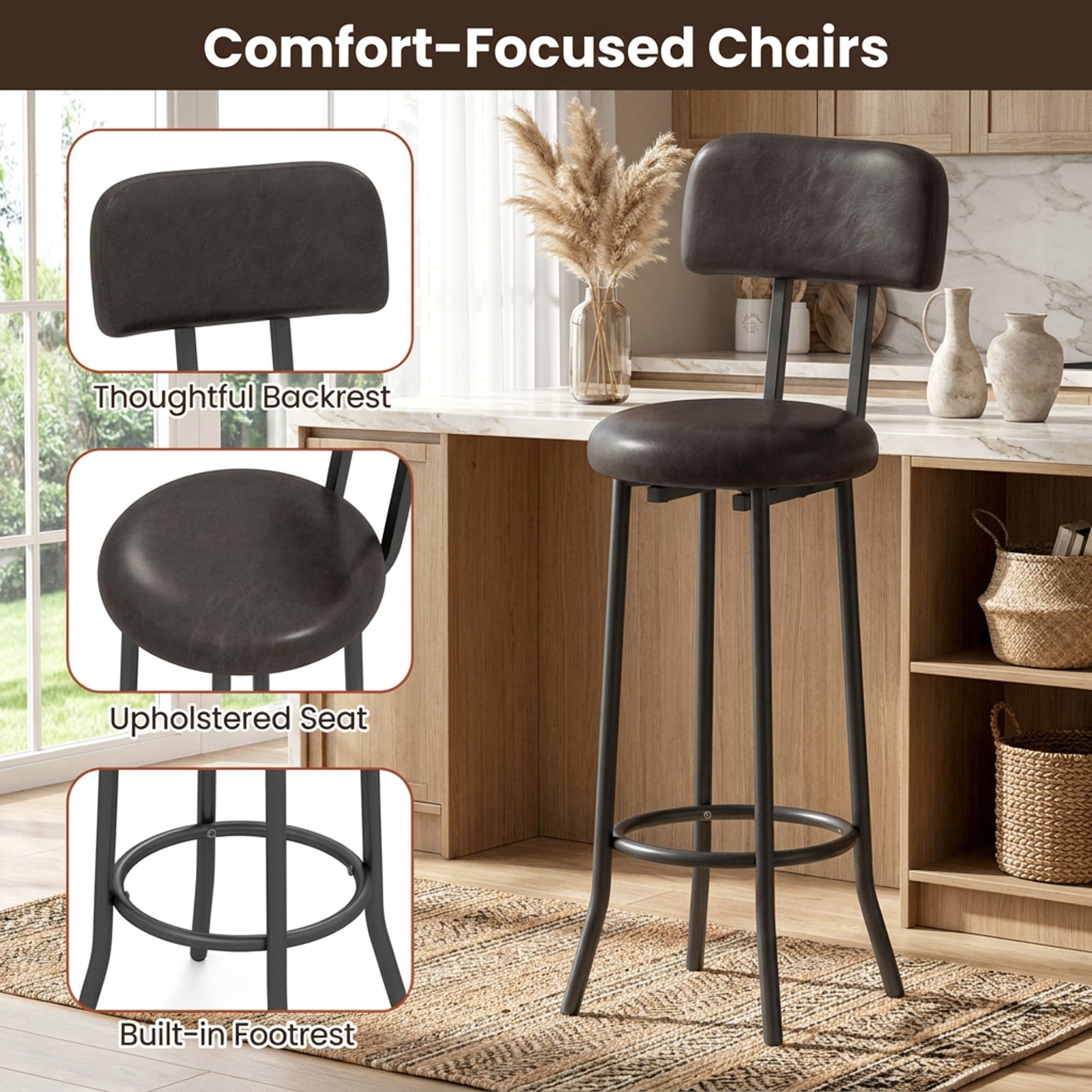 Furnibear 3-Piece Industrial Bar Table Set with 2 Upholstered Stools and Footrests for Dining Room for Kitchen Dining Room Breakfast, Rustic Brown