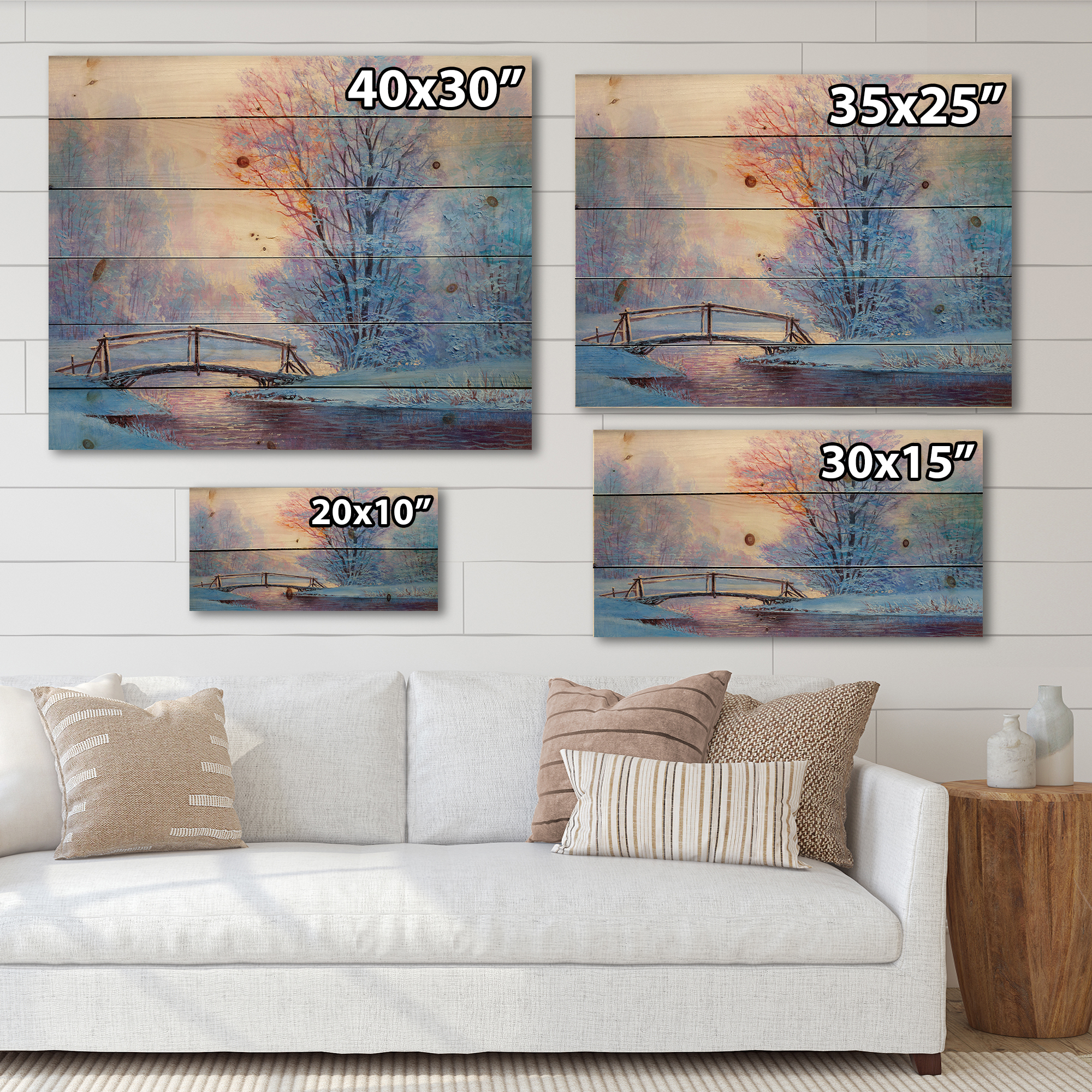 Designart 'Winter Landscape With A Bridge and A River' Lake House Print on Natural Pine Wood