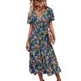 thumbnail image 3 of PENGXIANG Femmes Casual Print Fleur Slim Été Manches Courtes V-Cou Robe, 3 of 3