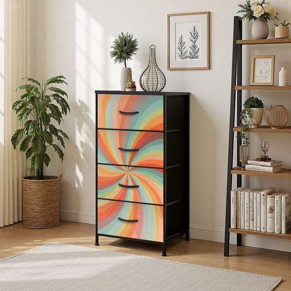 4 Drawer Vertical Storage Dresser Retro abstract psychedelic rainbow sunburst Groovy warm retro colors with Wood Top Fabric Pull Drawers