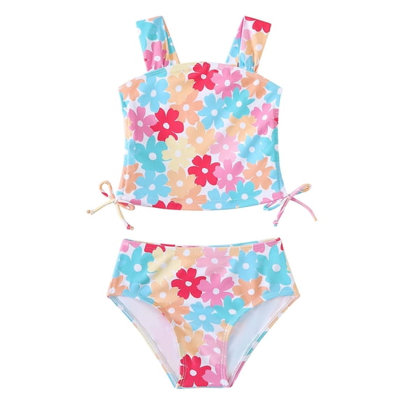 Kucnuzki 7T Big Girls Swimsuit Set 8T Girl Summer Bathing Suit Drawstring Floral Top Bottoms 2pcs Bikini Set Beach Breathable Tankini Set Swimwear Pink