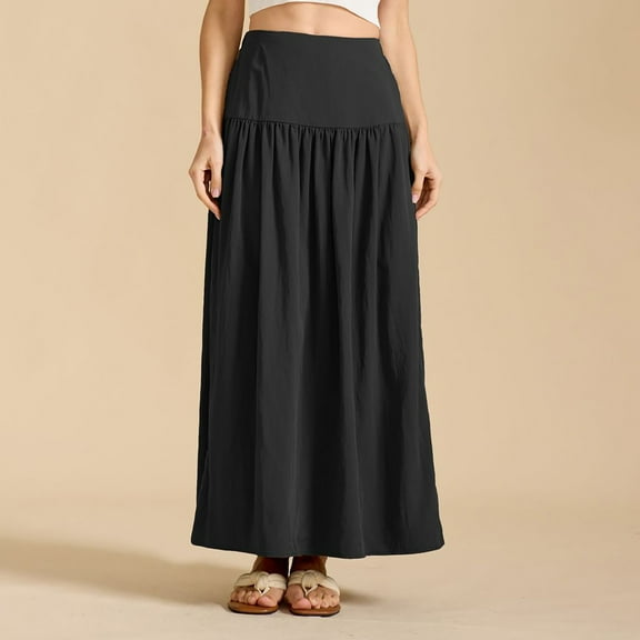 Women's Pleated Maxi Skirt Elastic Waist A-Line Flowy Long Skirt with Pockets Summer Casual Daily Travel Beach Work Skirt