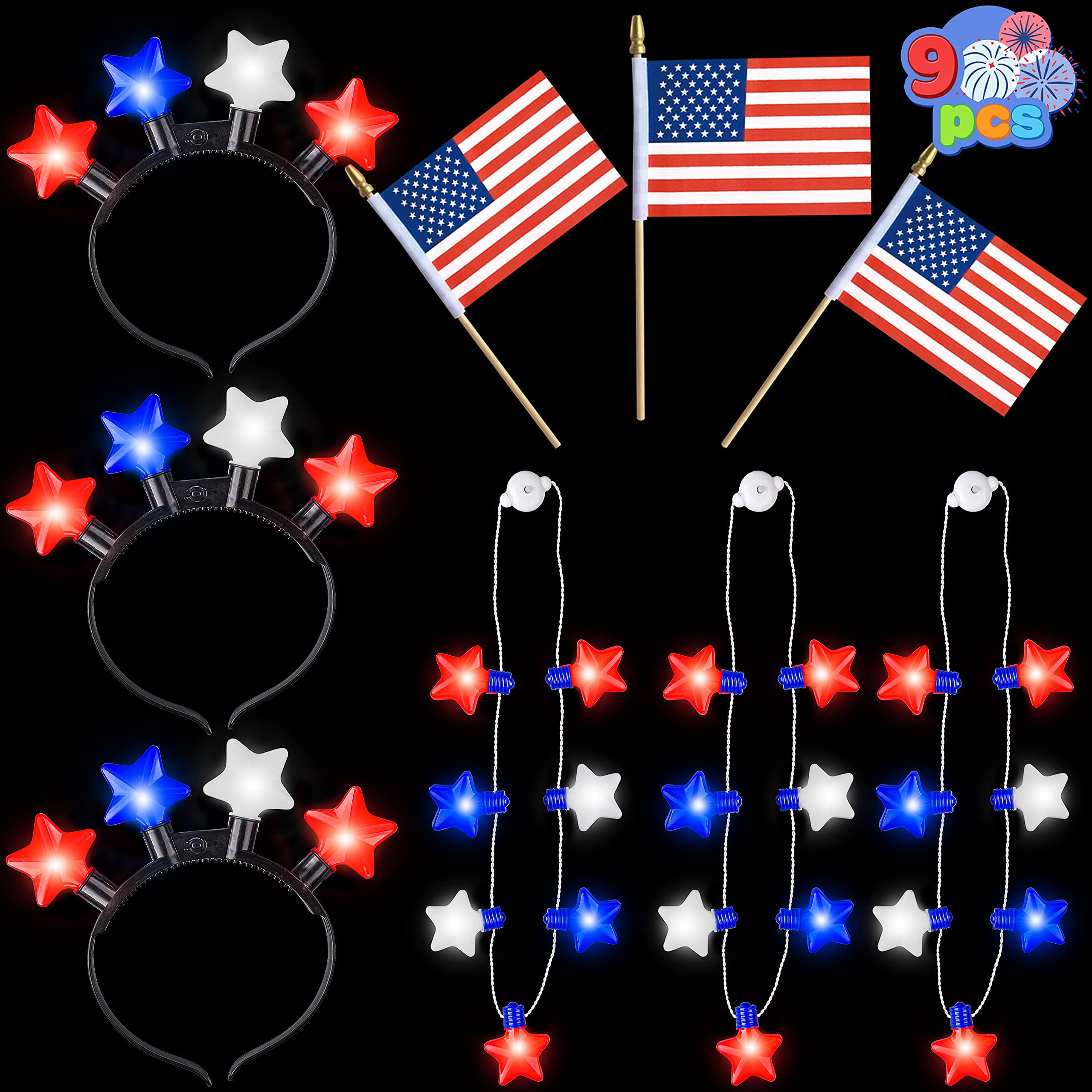 JOYIN 9 Pcs 4th of July Accessories of 3 LED Necklaces, 3 LED Headbands
