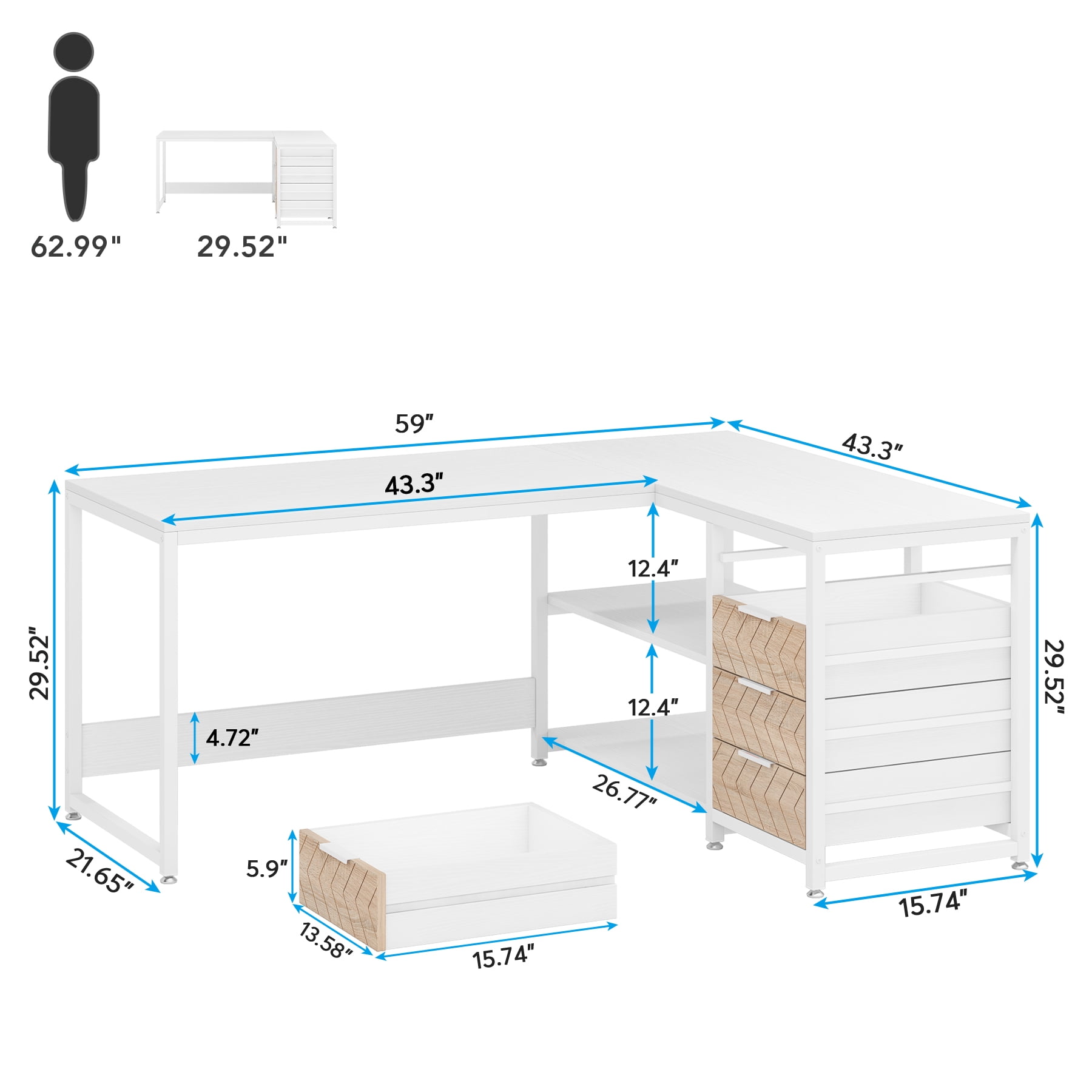 Tribesigns L-shaped Computer Desk, 59 inch Corner Desk with Drawers and Storage Shelves, Reversible Writing Study Table for Home Office, White