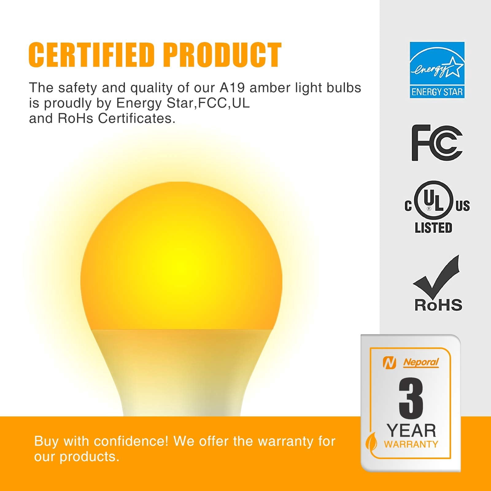 Neporal 7W Sleep Light Bulbs, 1800K Blue Light E26/27 Blocking Night Light Bulbs, Amber Light Bulbs- 3 Pcs