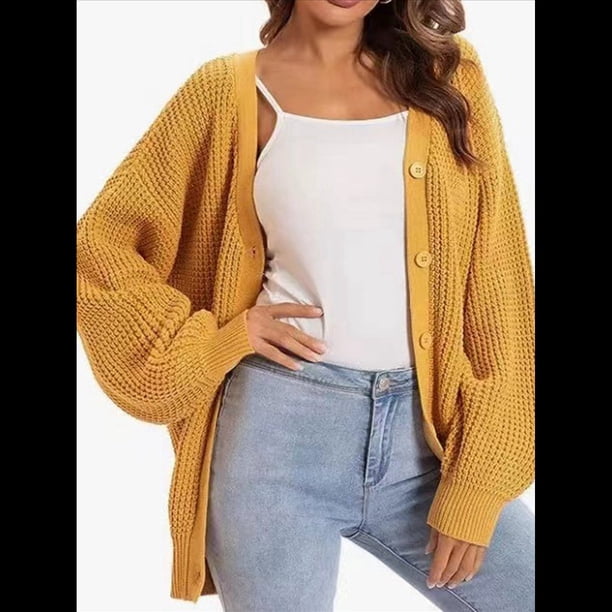Suéteres Tipo Cárdigan para Mujer, de Larga, con Botones y Gran Tamaño, de Punto. Amarillo Anaranjado L