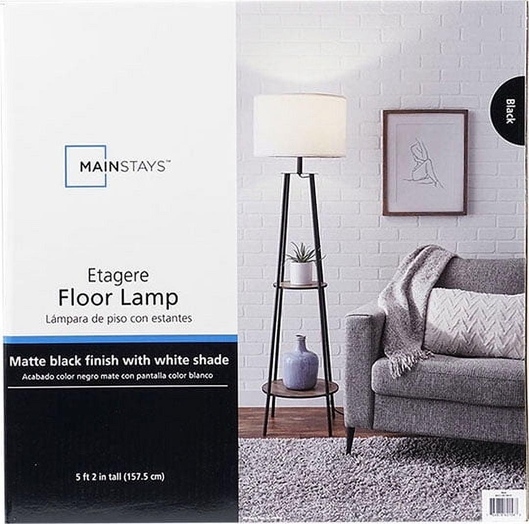Mainstays Etagere 62" Matte Black Mid-Century Style Floor Lamp, with 2 Wood Shelves