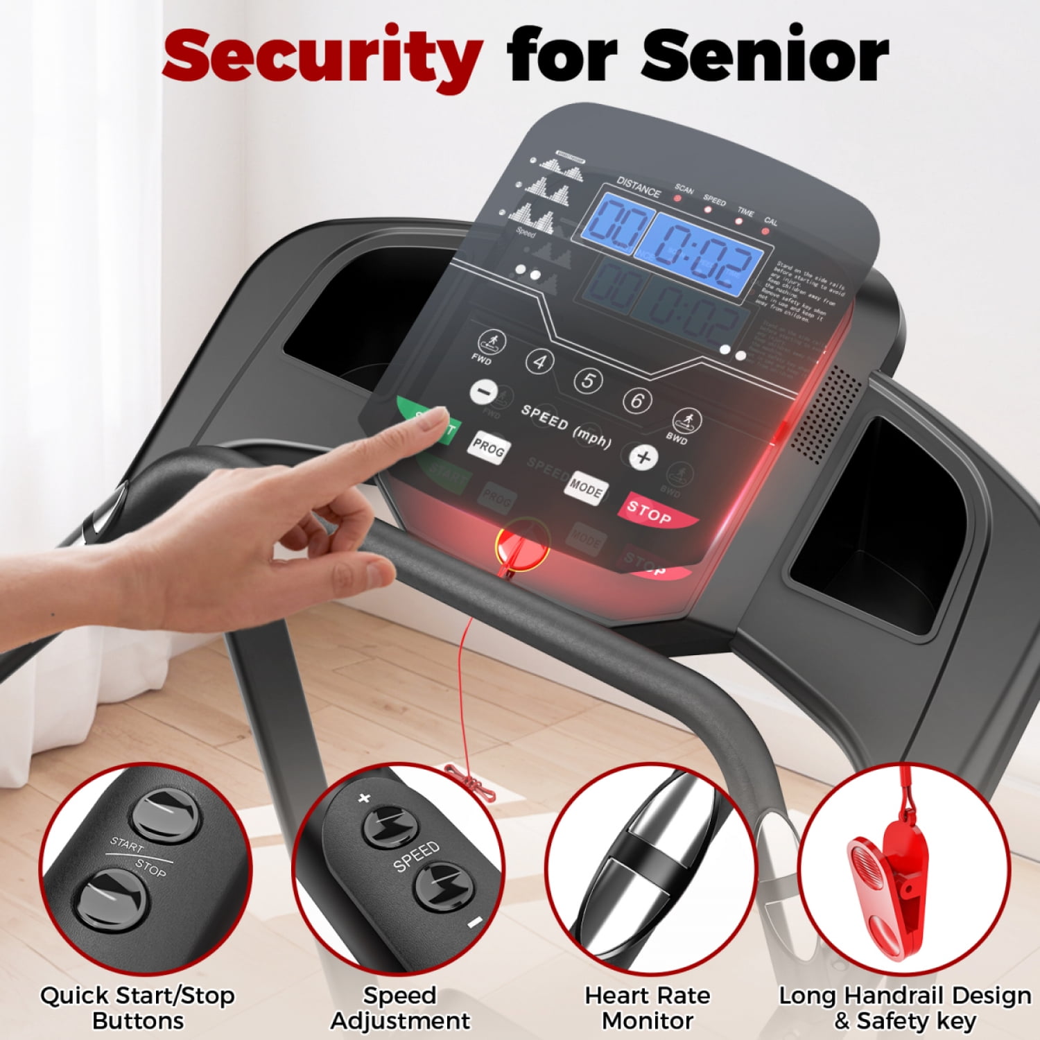 FENGFAN Foldable Senior Walking Pad Treadmill, 300 Lbs Capacity with Large LED Display & Long Handrail, 1 Pack