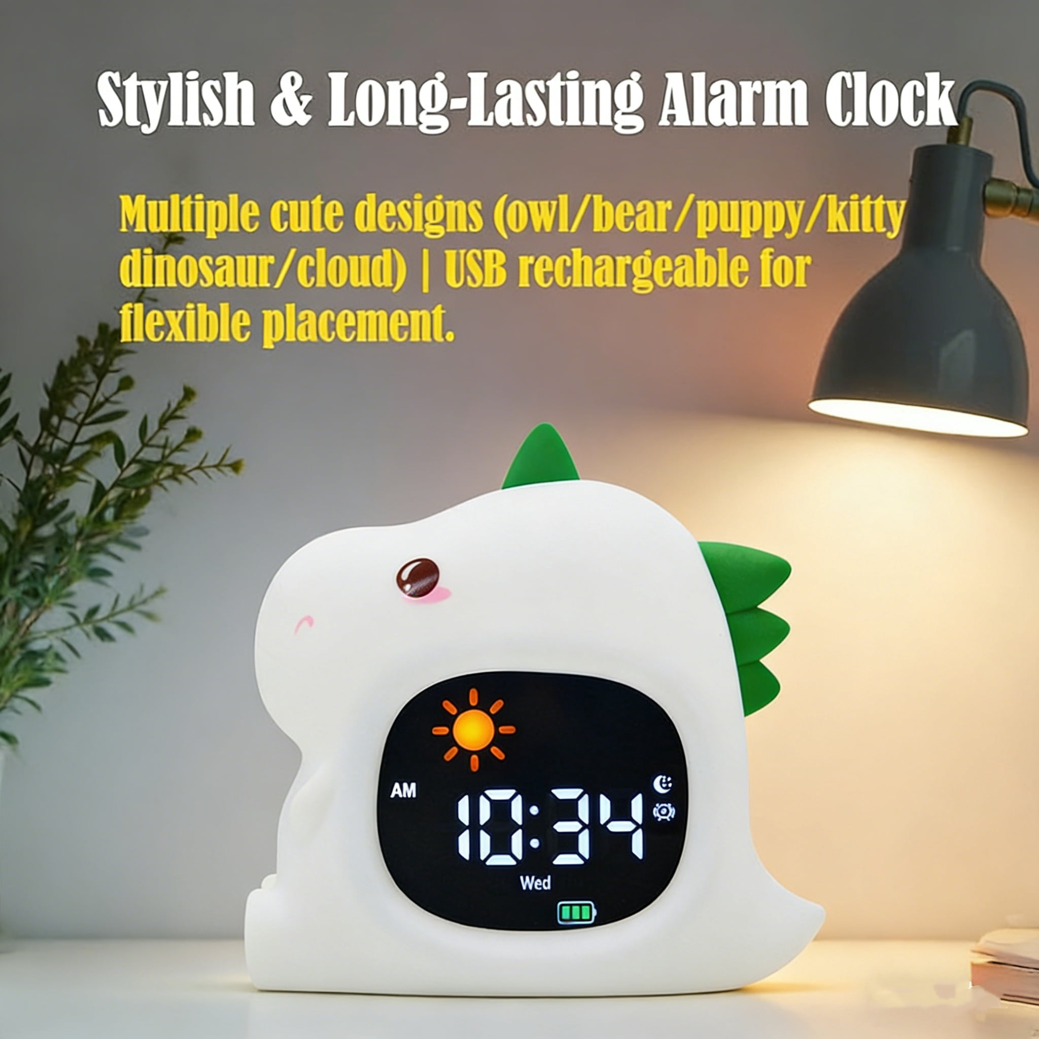 Dinosaur Children's Sleep Training Alarm Clock - Night Light with Wake Up Light, Sleep Sound, and Color Changing Emotion Light
