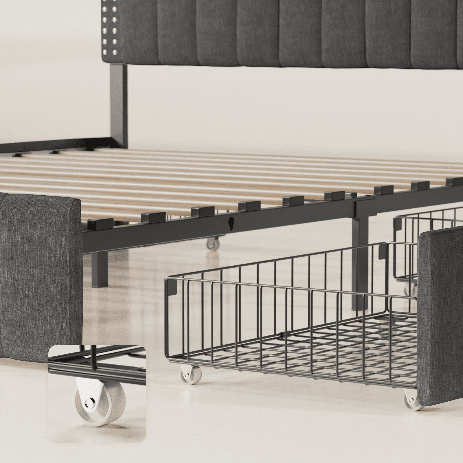 Asofer Full Size Storage Bed Frame w/4 Wheels, Adjustable Headboard & Wood Slats, Dark Gray​