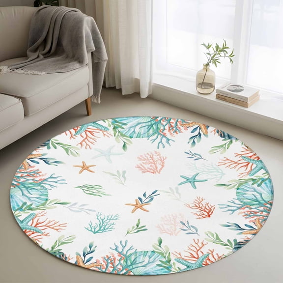 Round Rugs 3Ft, Beach Coastal Round Area Rug Washable Indoor Throw Carpet, Summer Coral Starfish Nautical Ocean Small Non Slip Circle Rug for Bedroom Living Room Home Decor Aesthetic