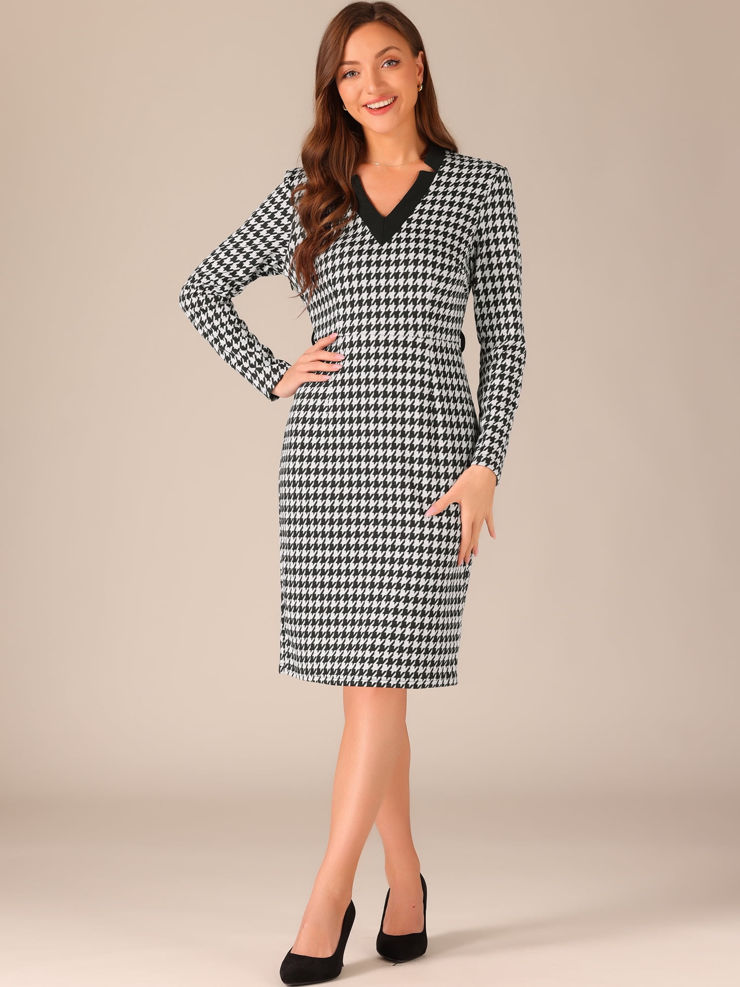 DARING DIVA V Neck Houndstooth Knit Belted Pencil Dress S Black