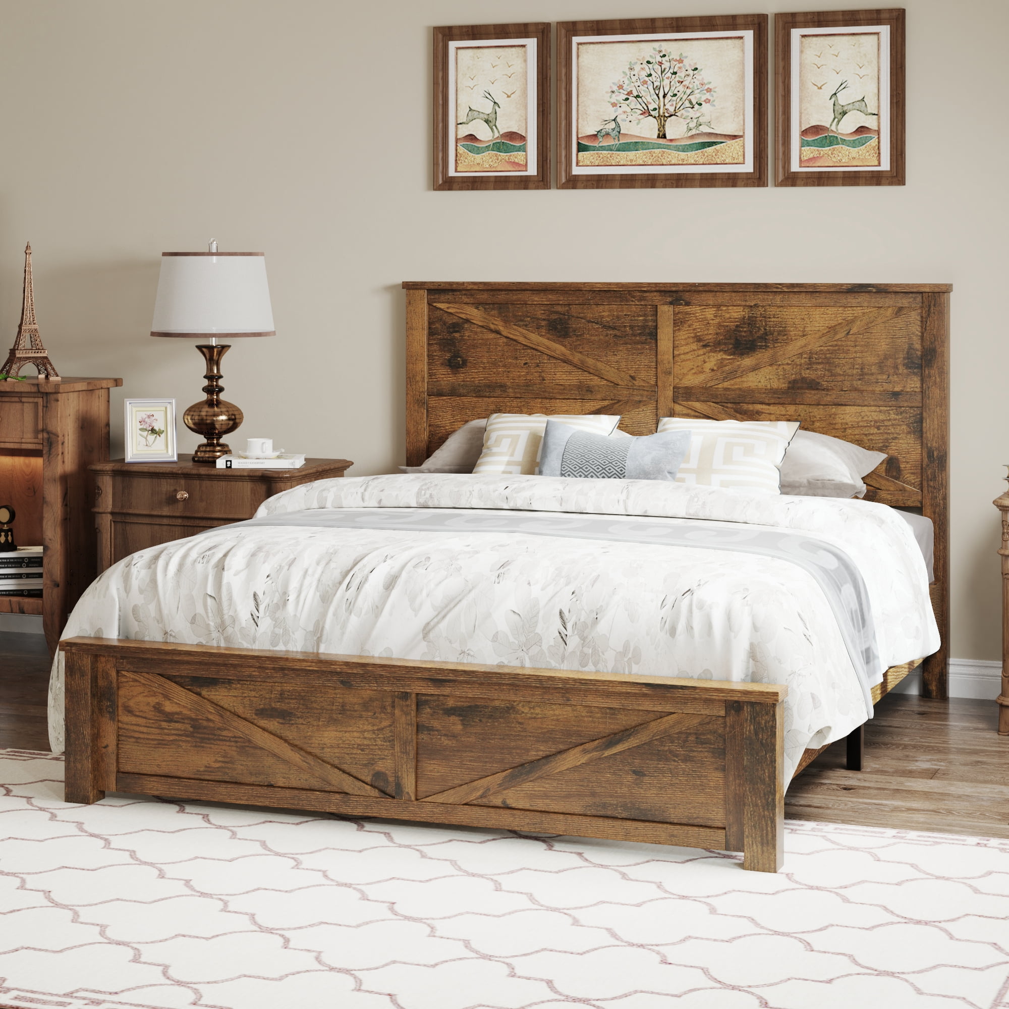 BSHTI Queen Bed Frame with Wooden Headboard, Country and Farmhouse Style, Brown
