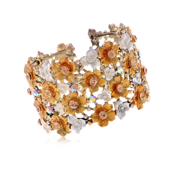 Vintage like Orange Topaz Flower Garden Crystal Rhinestone Bracelet Bangle Cuff