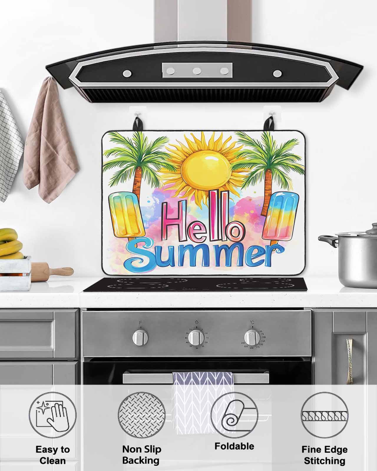 nqOlkjepod Large Induction Cooktop Protector Mat 36"x21", Yellow Summer Botanical Stove Top Covers for Electric Stove, Green Palm Trees Decorative Stove Burner Cover Mats, Glass Top Stove Cover