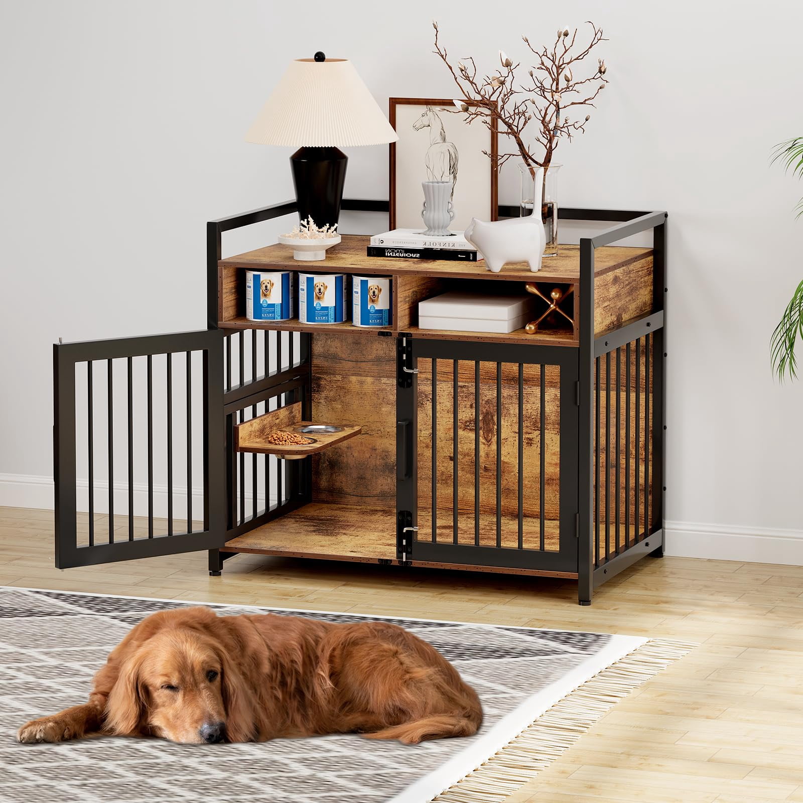 TROPOW 48 inch Large Dog Crate Furniture, Heavy Duty Wooden Dog Kennl with 2 Storage Drawers, 360° Adjustable Raised Feeder, Double Doors, Indoor Dog Crate for Large or Medium Dogs