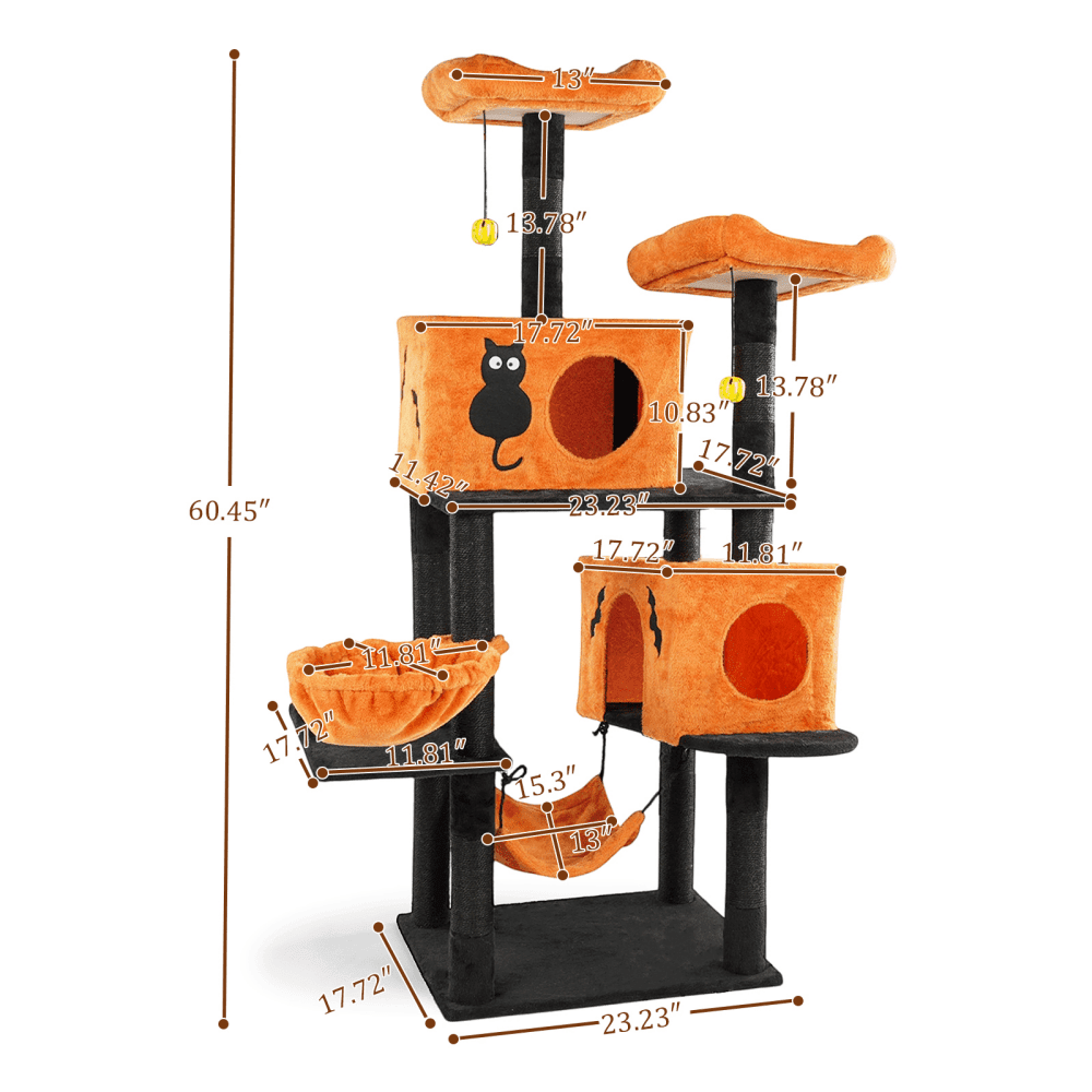 Tcbosik Halloween Cat Tree, 61" Cat Tower with Cat Condos, Padded Perches and Hammocks, Multi-Level Cat Activities Furniture with Scratching Posts and Hanging Balls, Orange & Black