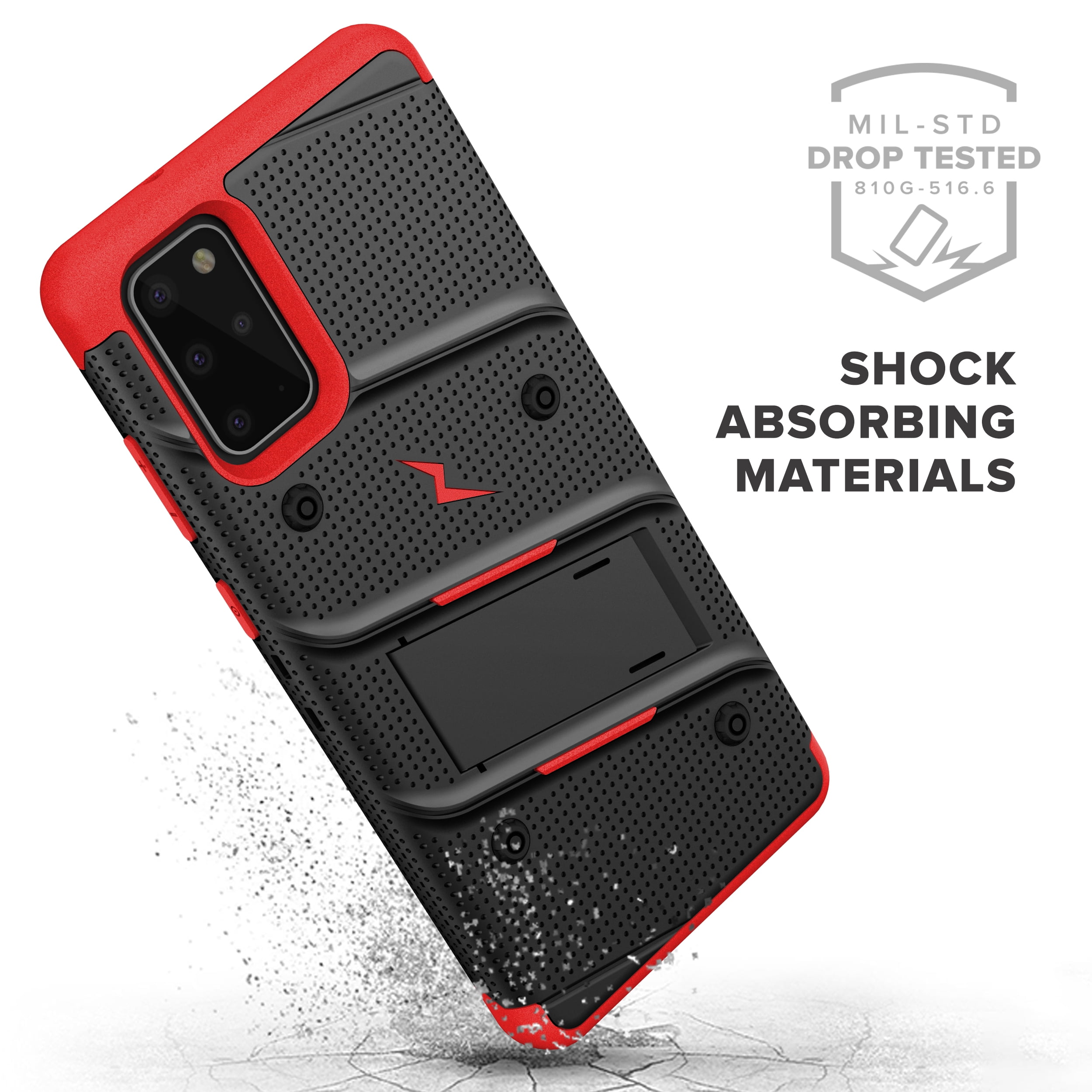 ZIZO BOLT Series for Galaxy S20 Plus Case with Kickstand Holster Lanyard - Black & Red