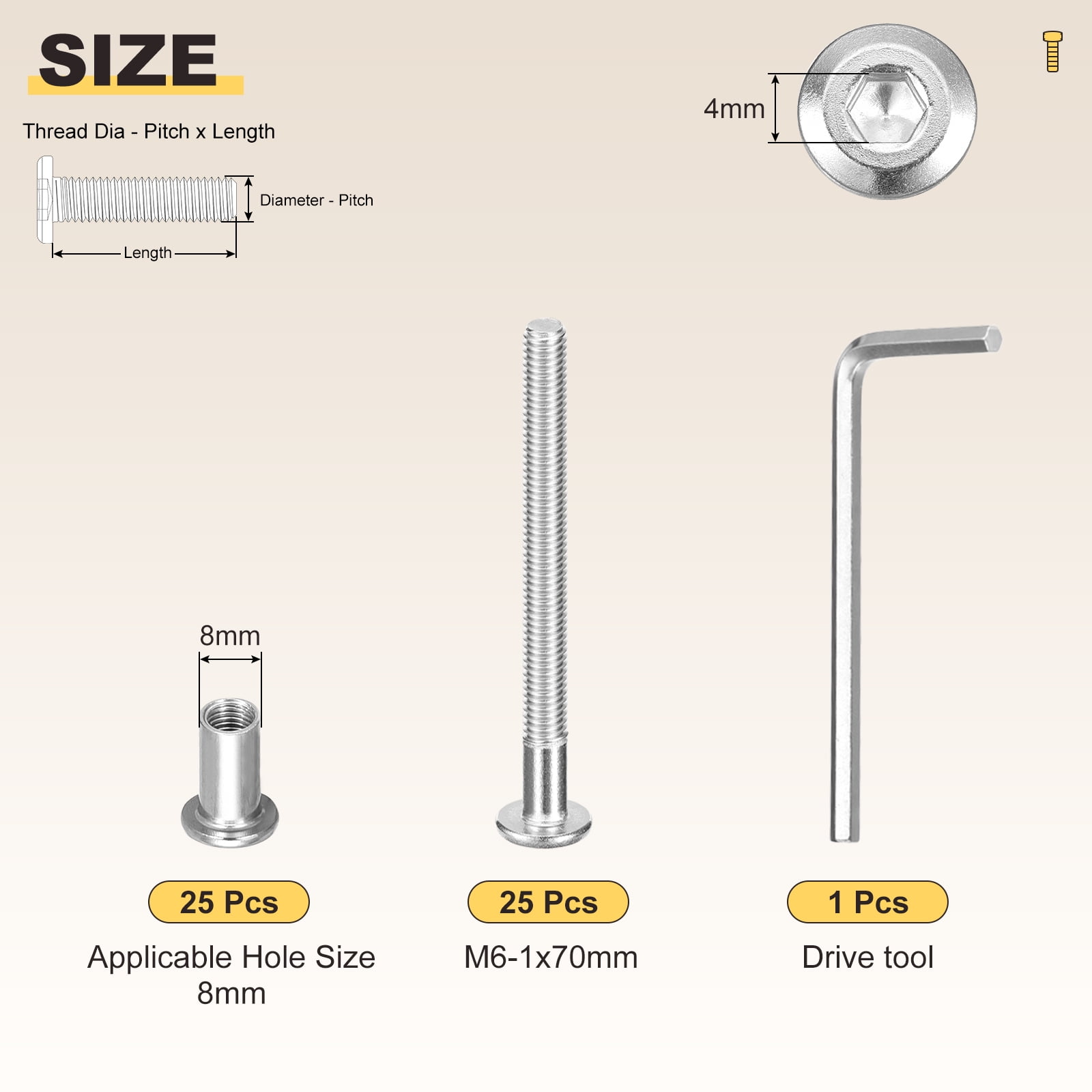 Furniture Connector Bolt Cap Nut Kit with Wrench(M6-1x70mm) 50Pcs, Connector Bolts M6 Countersunk Screw Barrel Nuts Binding Screws, for Chair Cabinet Bed, Silver
