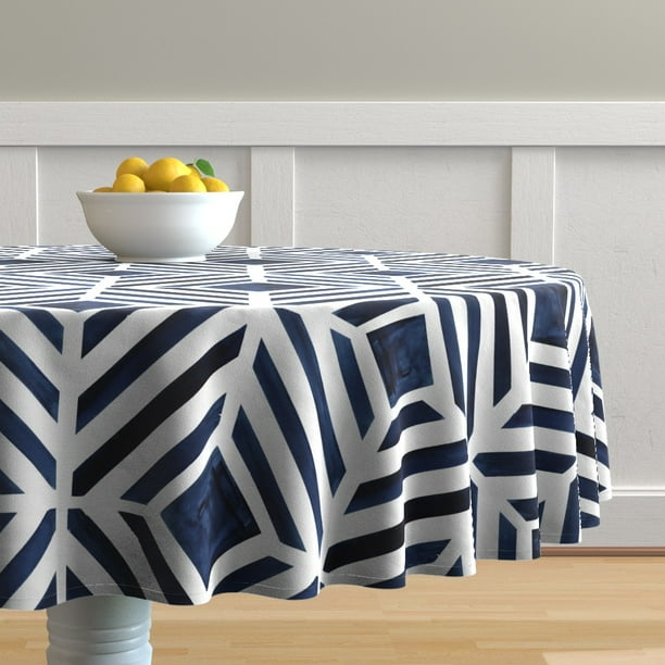 Round Tablecloth Navy Blue Geometric Midnight Watercolor Stripe Cotton