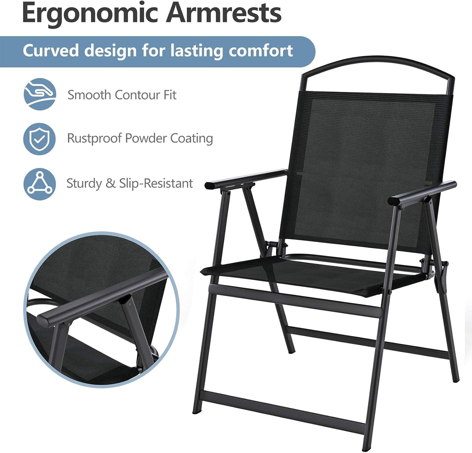 Folding Patio Chairs Set of 2, Outdoor Dining Chairs with Armrests, Breathable Textilene & Steel Frame for Lawn, Garden, Yard or Poolside - Black