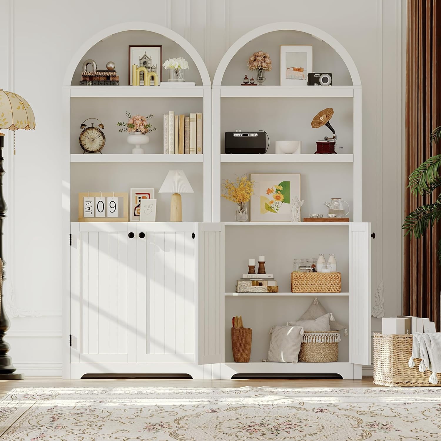 72" Tall Arched Pantry Cabinet with Doors, 5-Tier Kitchen Pantry Cabinet with Adjustable Shelf & Black Handles, Wood Storage Cabinet for Dining Room, Kitchen, Living Room, White