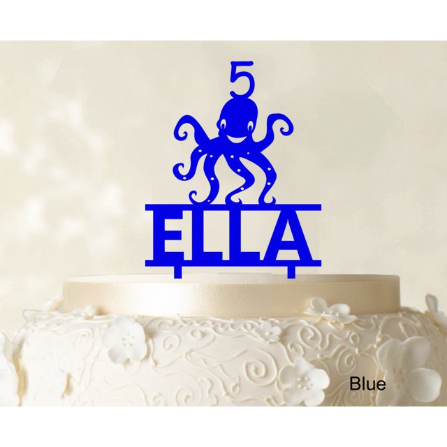 Birthday Custom Name Cake Topper With Octopus Figure Blue Cake Topper Cake Decorations Color Option Available 6-7 Inches Wide