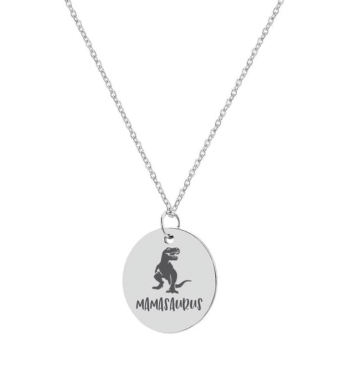 Round Mamasaurus Mother's Day Necklace, Mother's Day Gift for Her, Dainty Mamasaurus Round Necklace for Mom to Be, New Mom Mother's Day Gift, Mother's Day Present Jewelry Present [Silver]