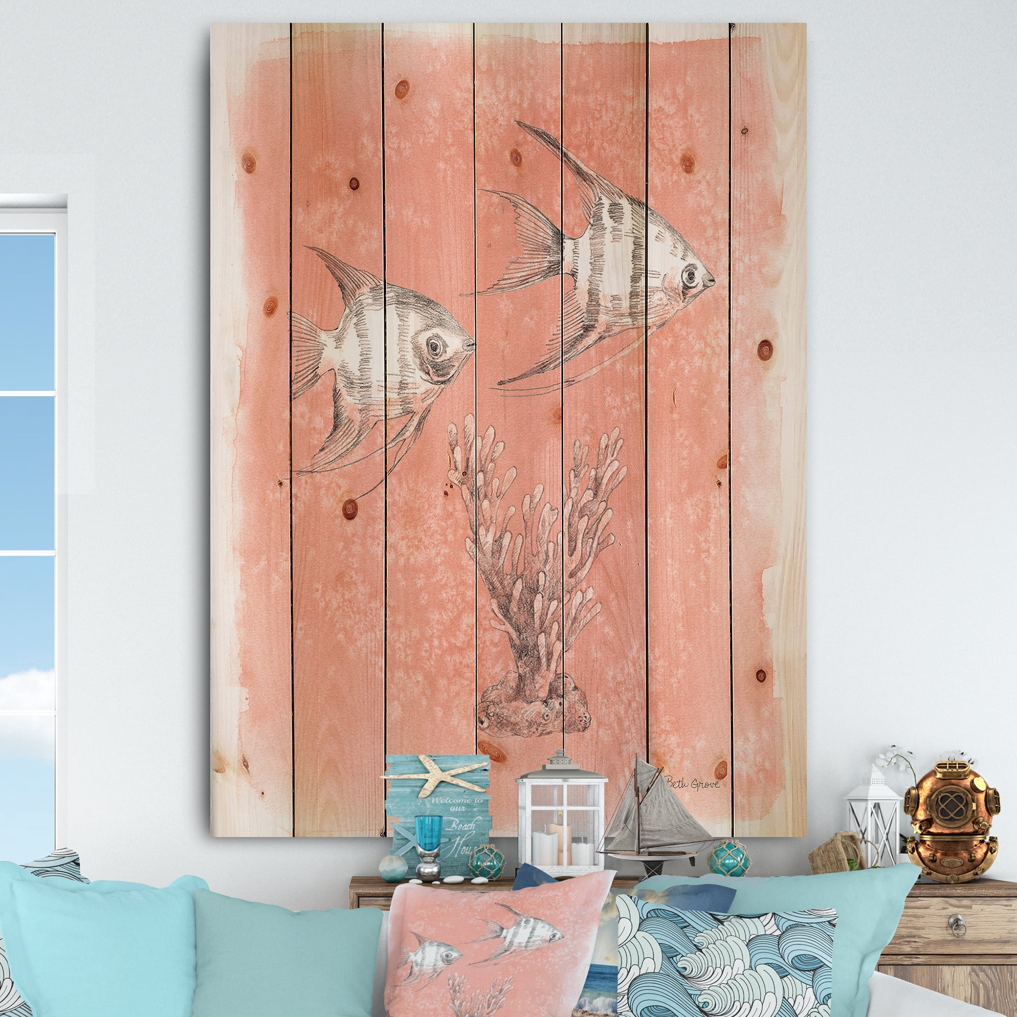 Designart 'Coastal Sea Life III fish sketches' Nautical & Coastal Print on Natural Pine Wood
