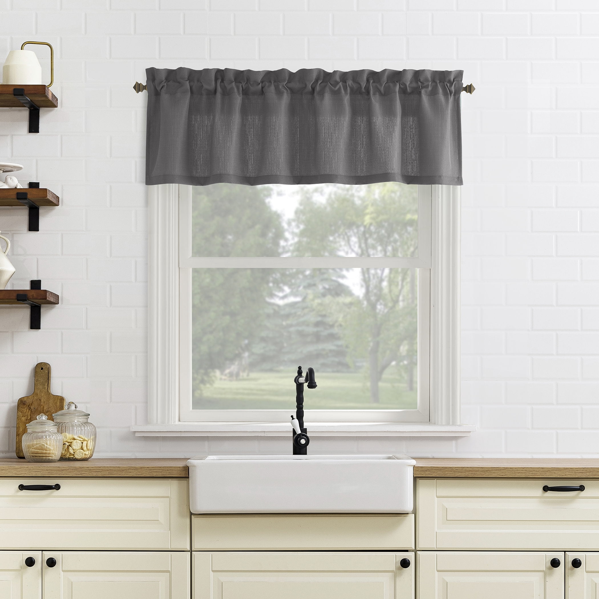 Mainstays 3-Piece Textured Semi Sheer Rod Pocket Kitchen Window Tier Pair and Valance, 2 Café Curtains and 1 Curtain Valance, Grey, 56"W x 36"L